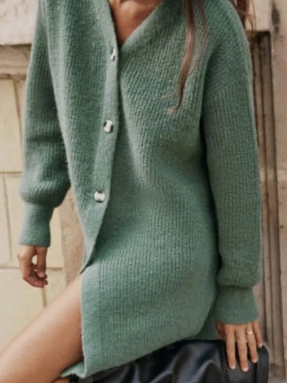 Zara Sage Green V‑Neck Button Front Knit Cardigan Dress